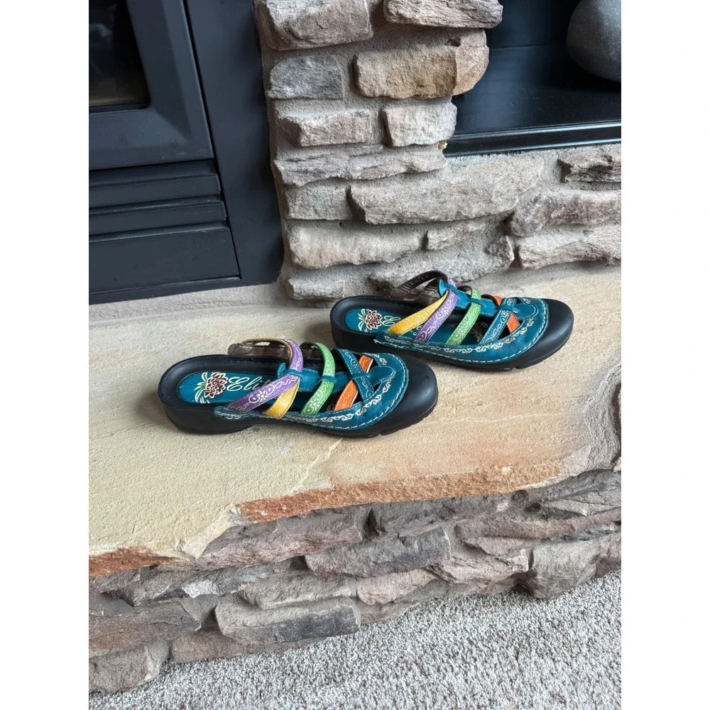Elite by Corkys Rock Teal Multi Color Leather Artisan Sandals Women's 9 Granola